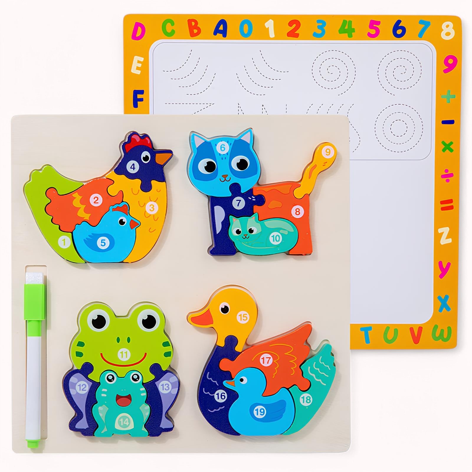 Kezsegfejleszto_4db_baba_mama_fa_kirako_3D_maria_montessori_allatok_jarmuvek_fejleszto_puzzle_interaktiv_jatekok_3_eves_gyerekeknek_tyuk_cica_beka_kacsa